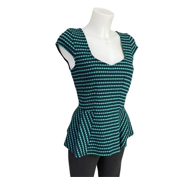 ANTHROPOLOGIE | POSTMARK CAP SLEEVE PEPLUM TOP IN NAVY BLUE/Green small - Picture 4 of 8
